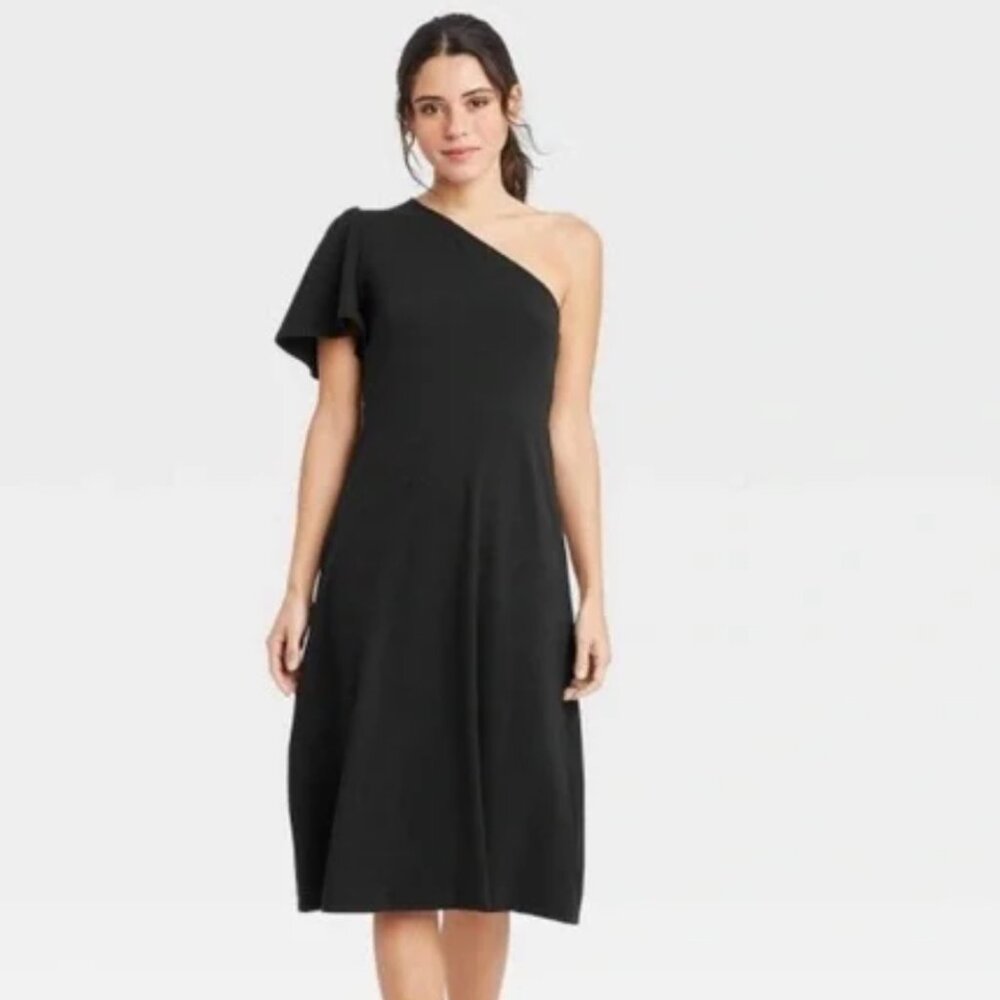 Who What Where Women's One Shoulder Puff Short Sleeve Dress (M) Black NWT!
